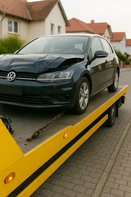 Defektes Auto wird in Detmold zum Autoankauf abgeschleppt, um den Verkauf auch bei technischen Mängeln schnell abzuwickeln.